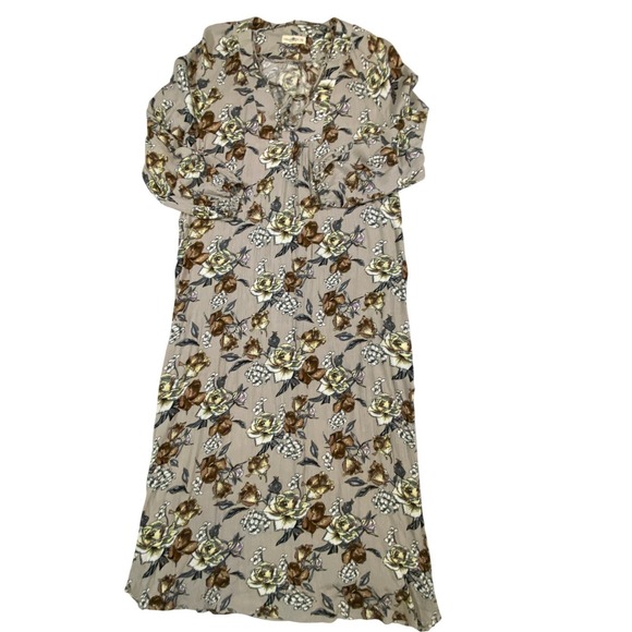 Natural Life Maxi Dress Floral Print Beige Brown Yellow Long Sleeve XL - Picture 2 of 10